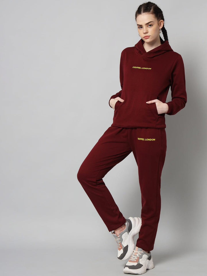 Griffel Women Solid Fleece Basic Hoodie and Joggers Full set Maroon Tracksuit - griffel