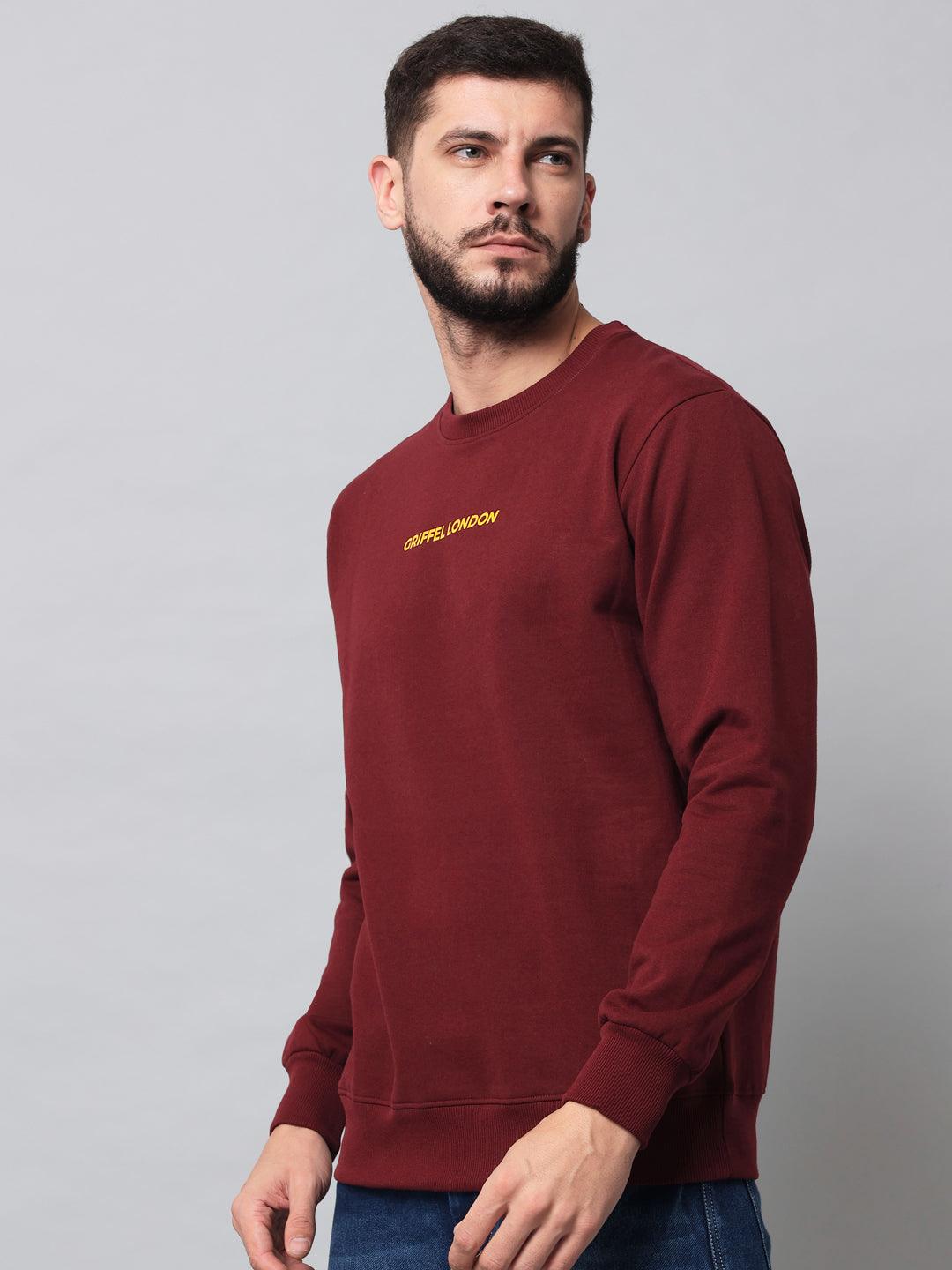 Griffel Men's Cotton Fleece Round Neck Maroon Sweatshirt with Full Sleeve and Front Logo Print - griffel