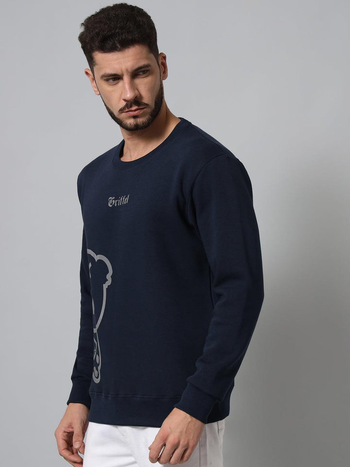 Griffel Men's Cotton Fleece Round Neck Navy Grey Sweatshirt with Full Sleeve and Teddy Logo Print - griffel
