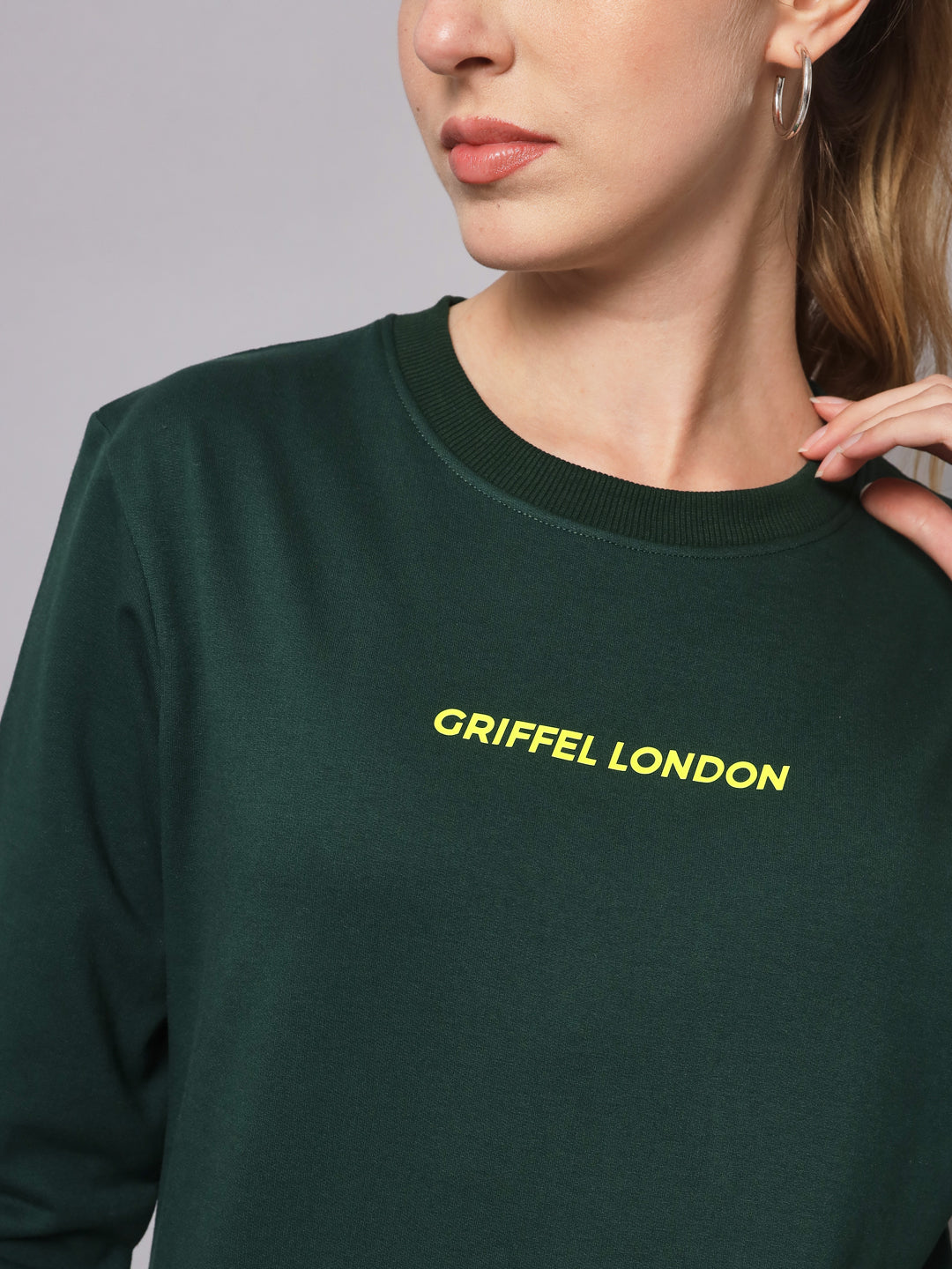 Griffel Women Solid Fleece Basic Round Neck Sweatshirt and Joggers Full set Bottle Green Tracksuit - griffel
