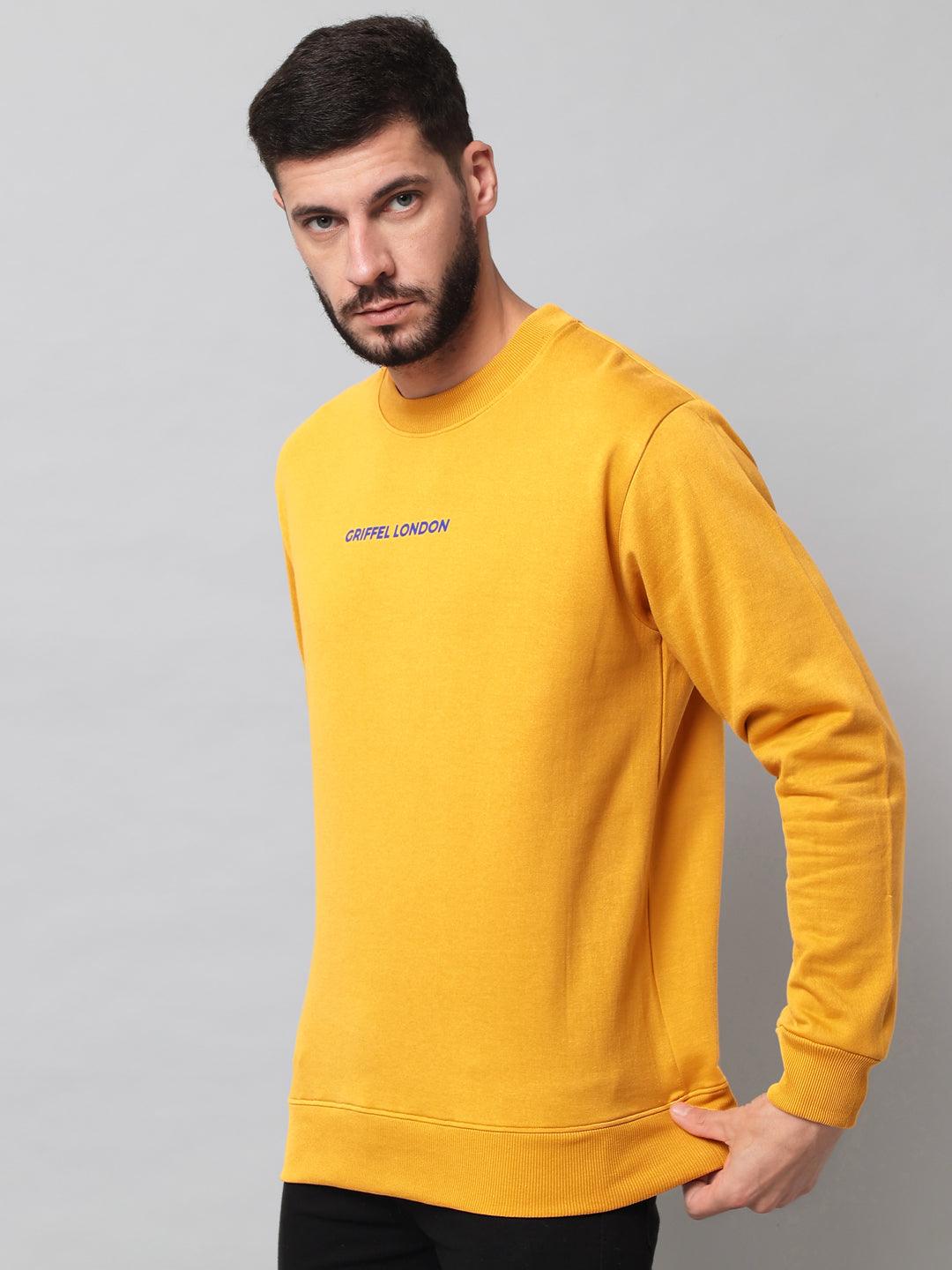 Griffel Men's Cotton Fleece Round Neck Mustard Sweatshirt with Full Sleeve and Front Logo Print - griffel