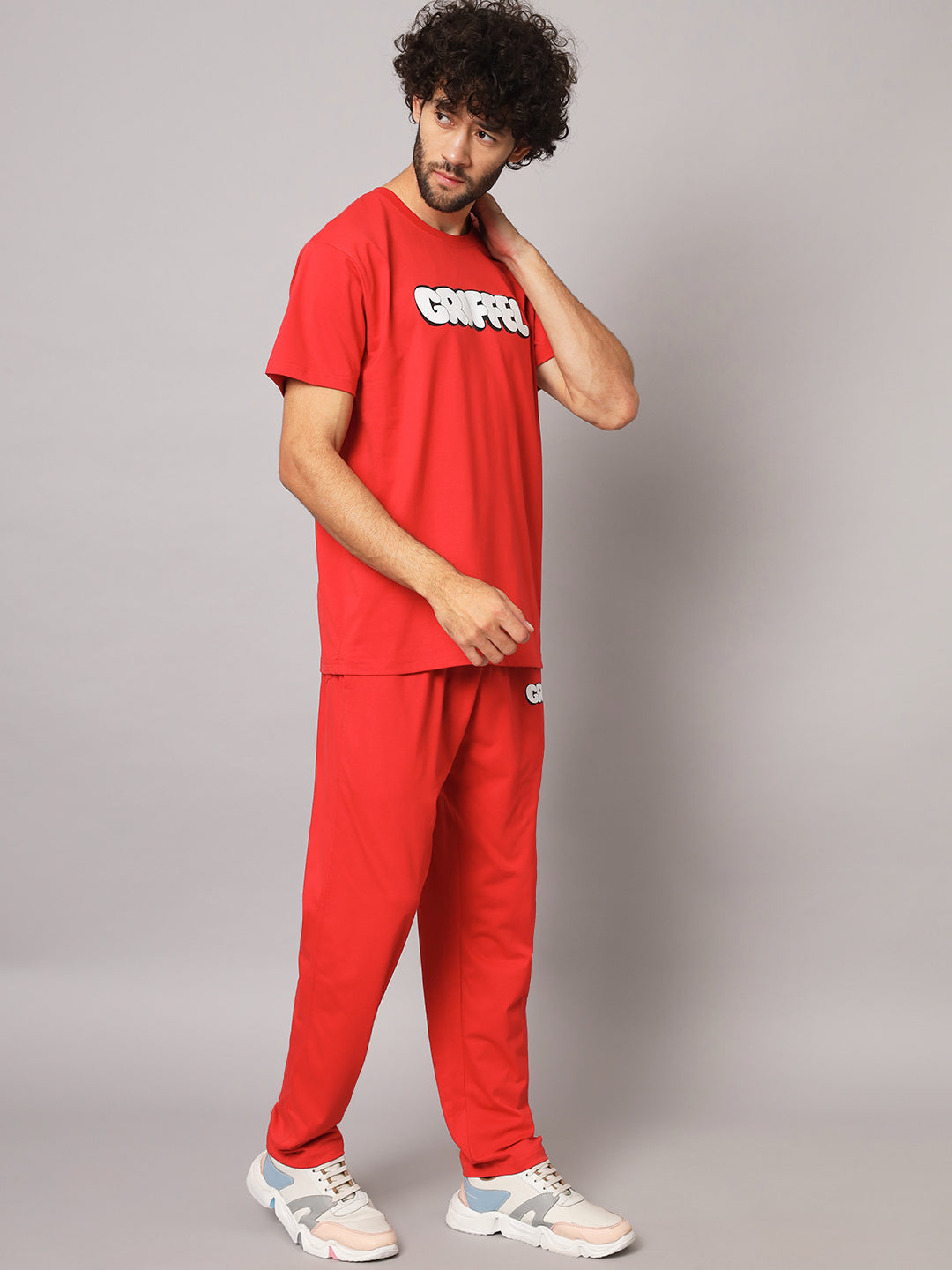 GRIFFEL Men Basic Solid Red Regular Fit T-shirt and Trackpant Set - griffel