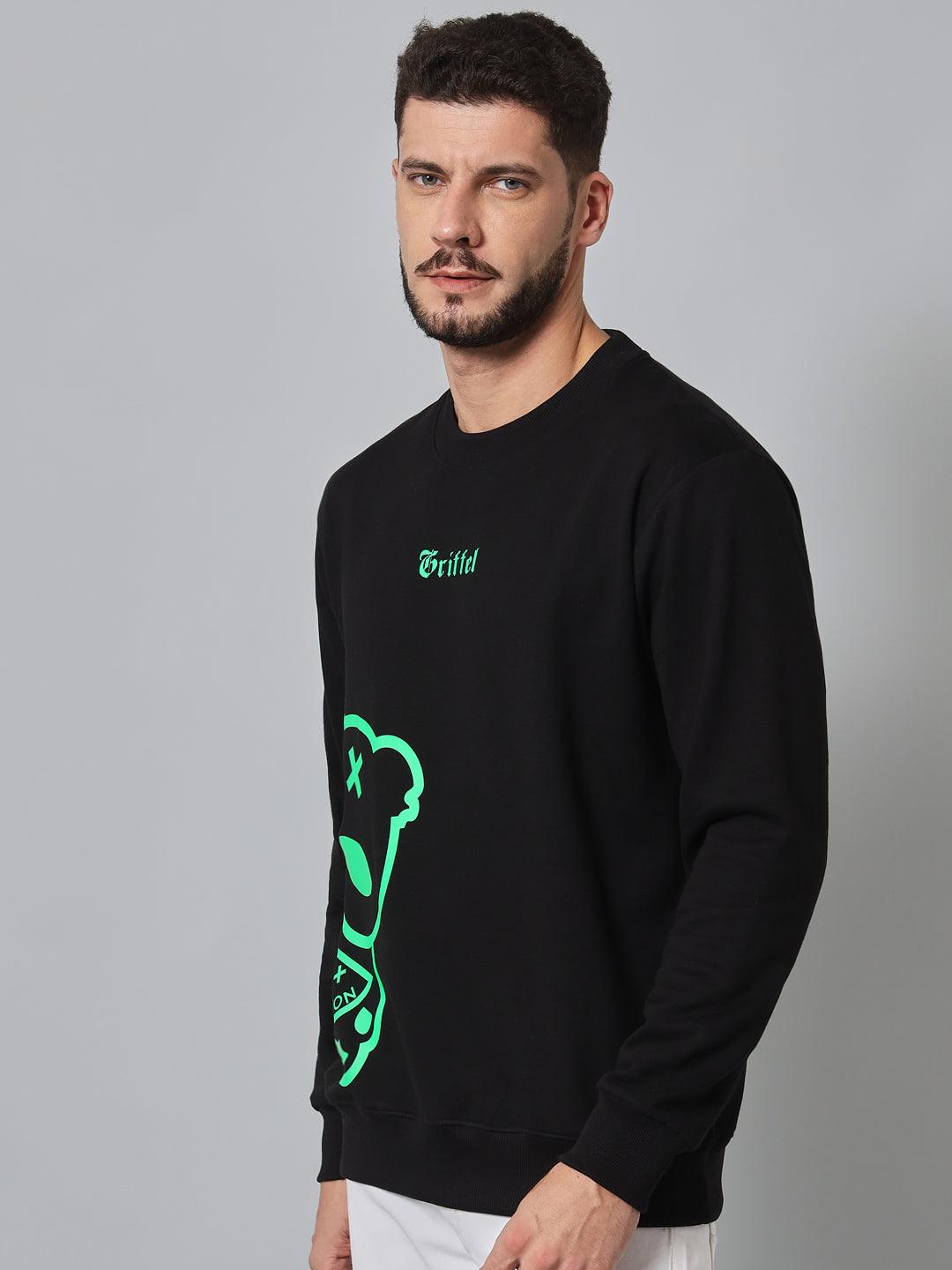 Griffel Men's Cotton Fleece Round Neck Black Green Sweatshirt with Full Sleeve and Teddy Logo Print - griffel