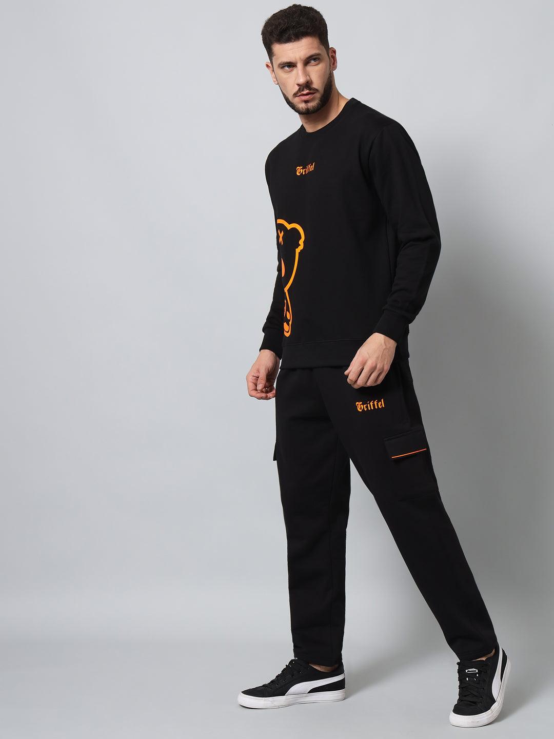 Griffel Men's Cotton Fleece Round Neck Black Orange Sweatshirt with Full Sleeve and Teddy Logo Print - griffel