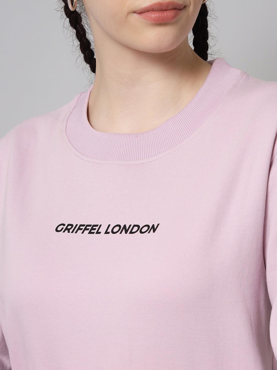 Griffel Women’s Printed Round Neck Light Purple Cotton Fleece Full Sleeve Sweatshirt - griffel