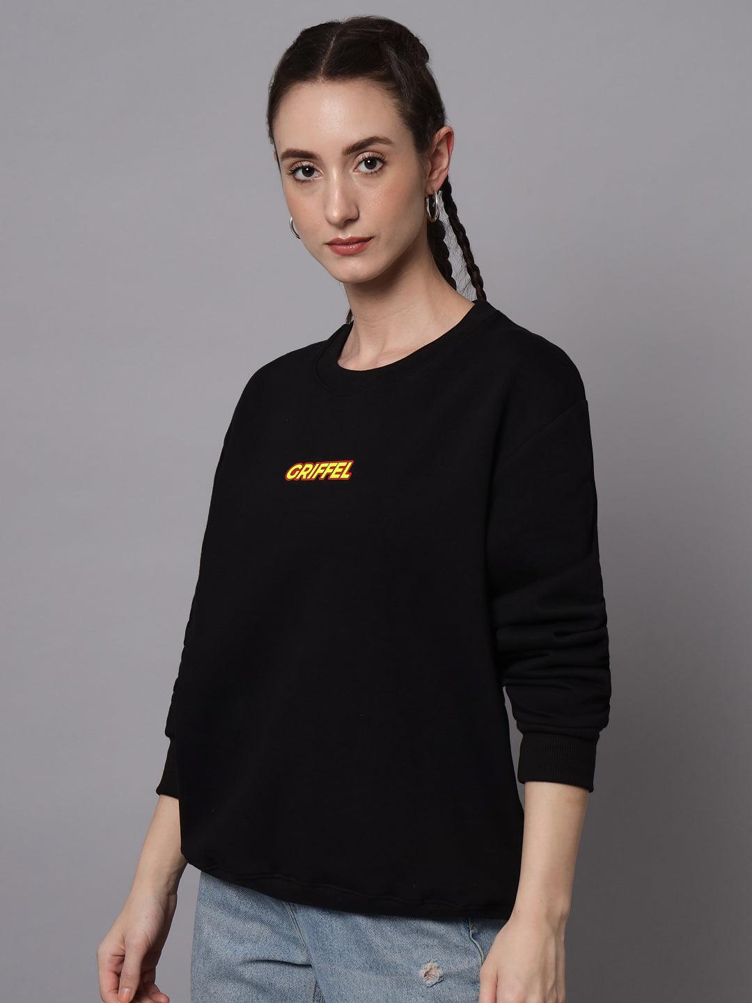 Griffel Women’s Printed Round Neck Black Cotton Fleece Full Sleeve Sweatshirt - griffel