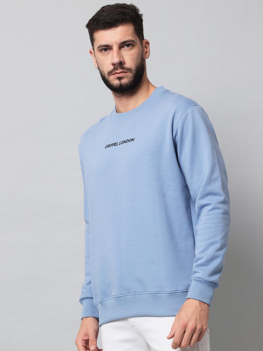 Griffel Men's Cotton Fleece Round Neck Sky Blue Sweatshirt with Full Sleeve and Front Logo Print - griffel