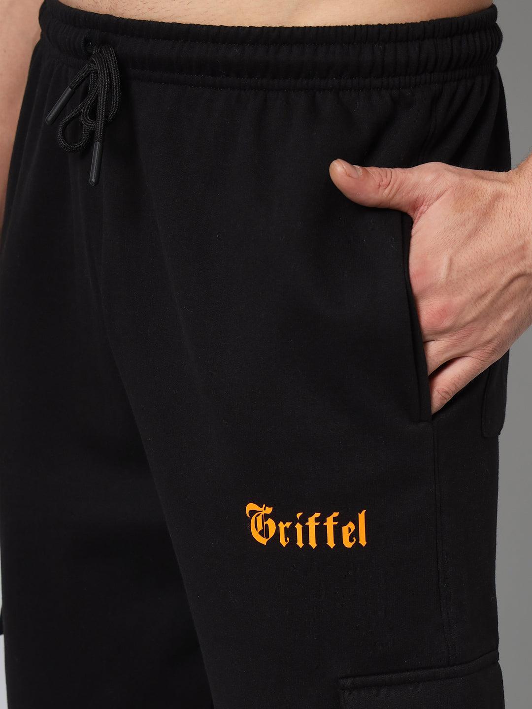 GRIFFEL Men Fleece 6 Pocket Front Logo Black Orange Trackpants - griffel