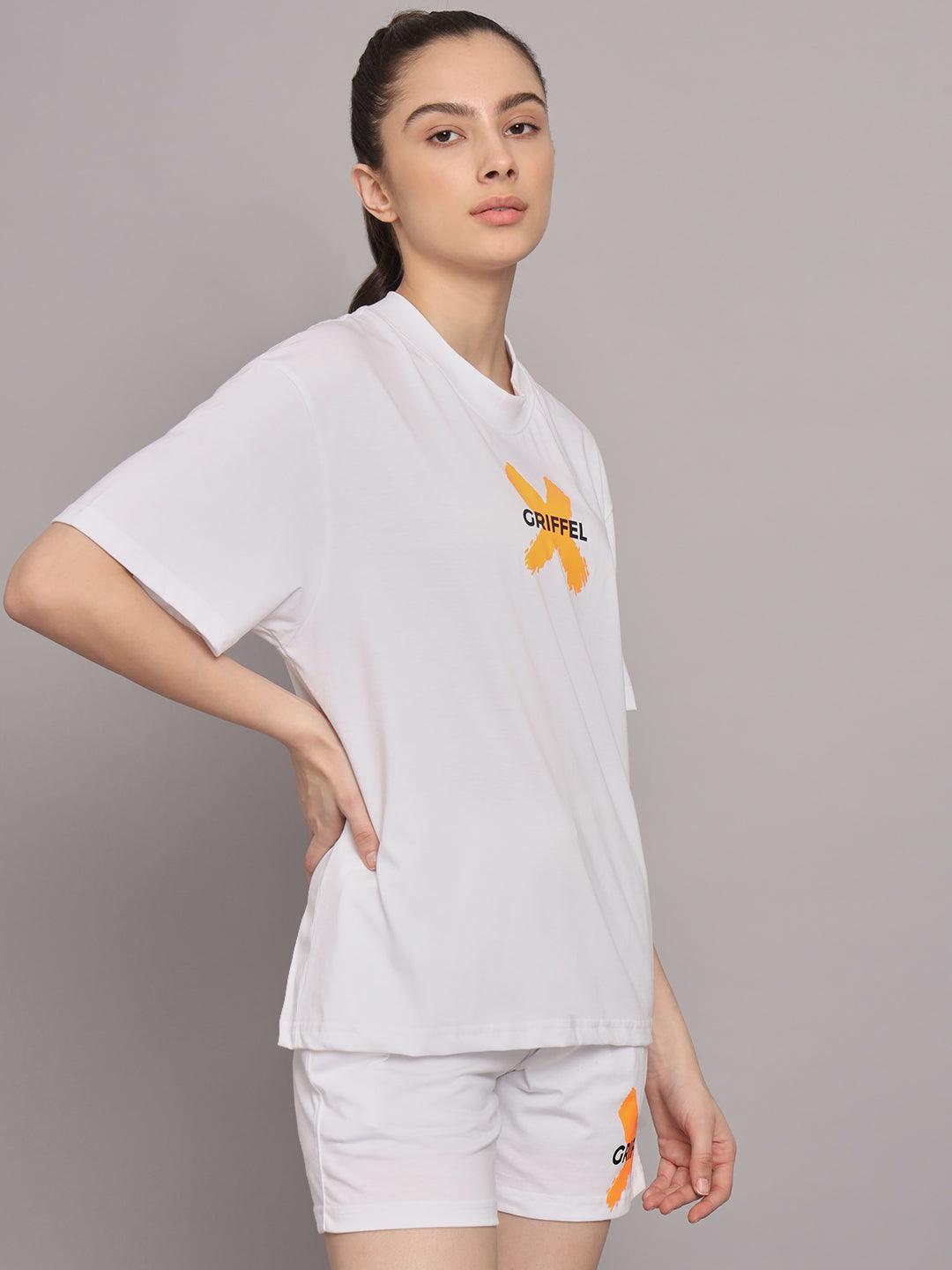 GRIFFEL Women Printed Loose fit White T-shirt and Short Set - griffel