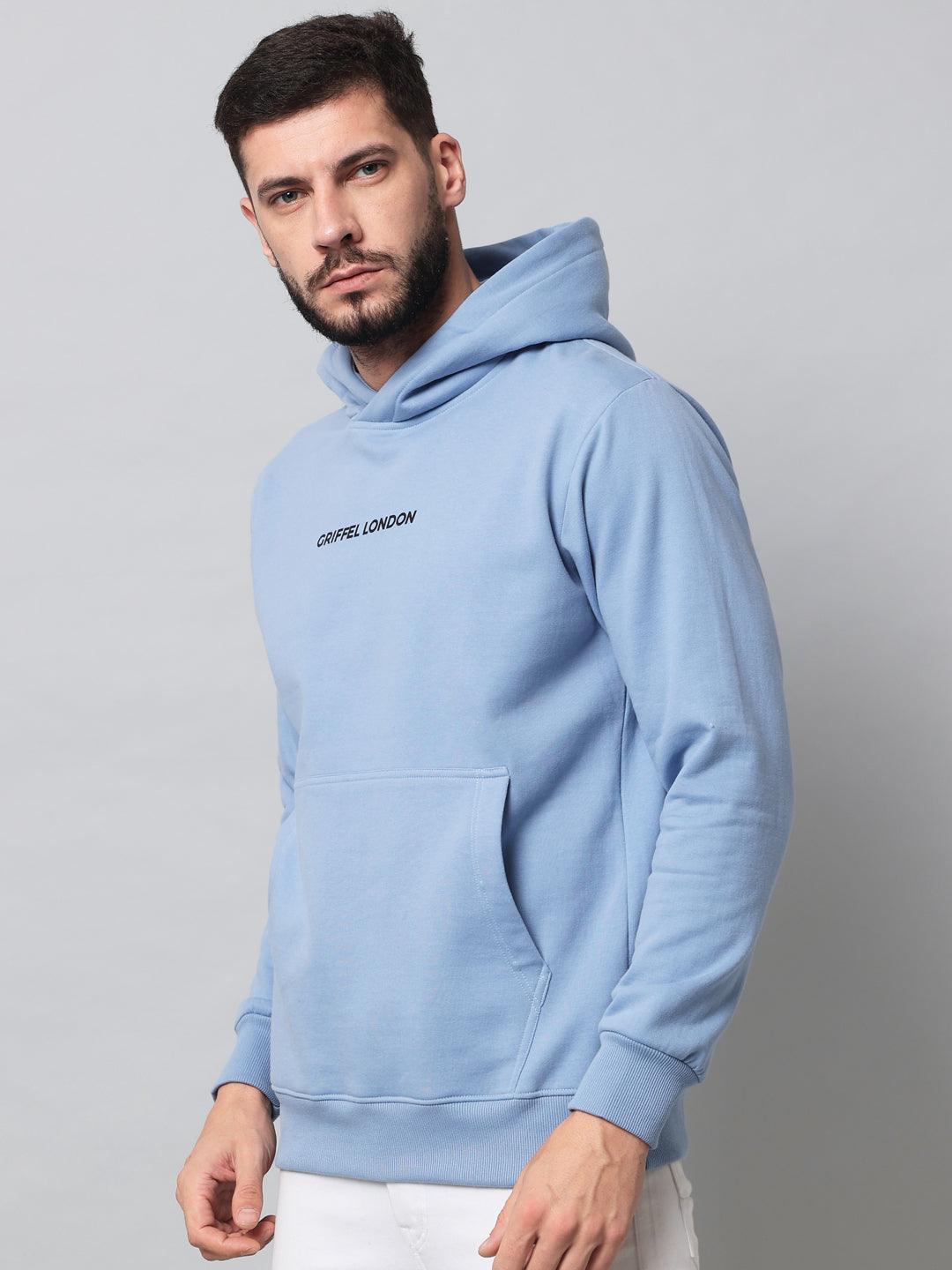 Griffel Men's Sky Blue Cotton Front Logo Fleece Hoody Sweatshirt with Full Sleeve - griffel