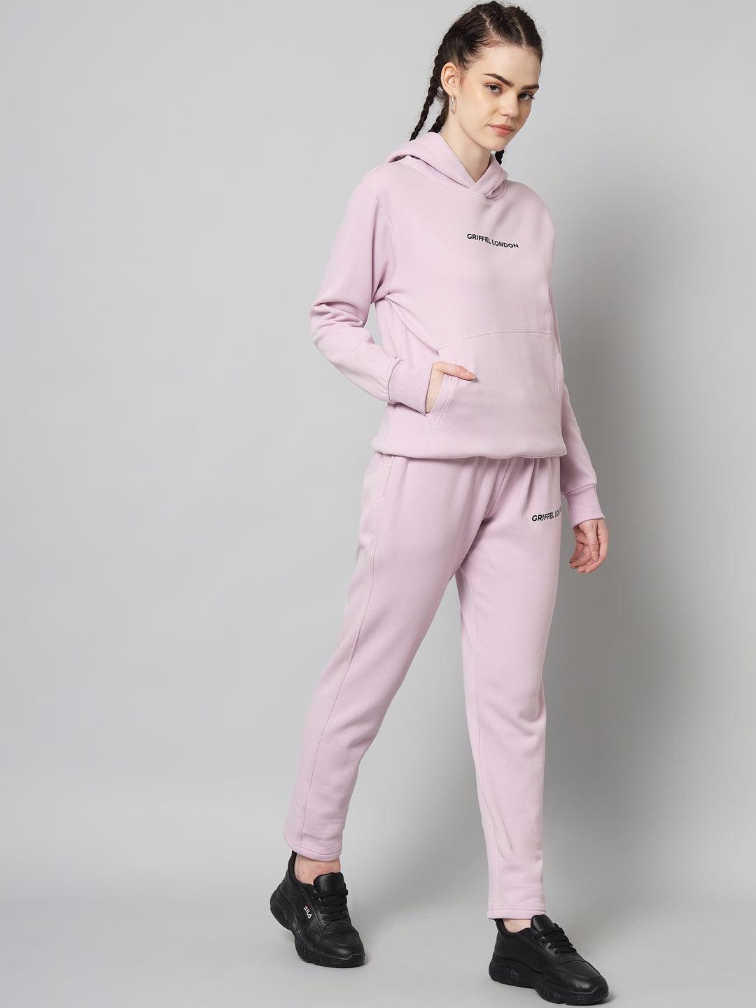 Griffel Women Solid Fleece Basic Hoodie and Joggers Full set Light Purple Tracksuit - griffel