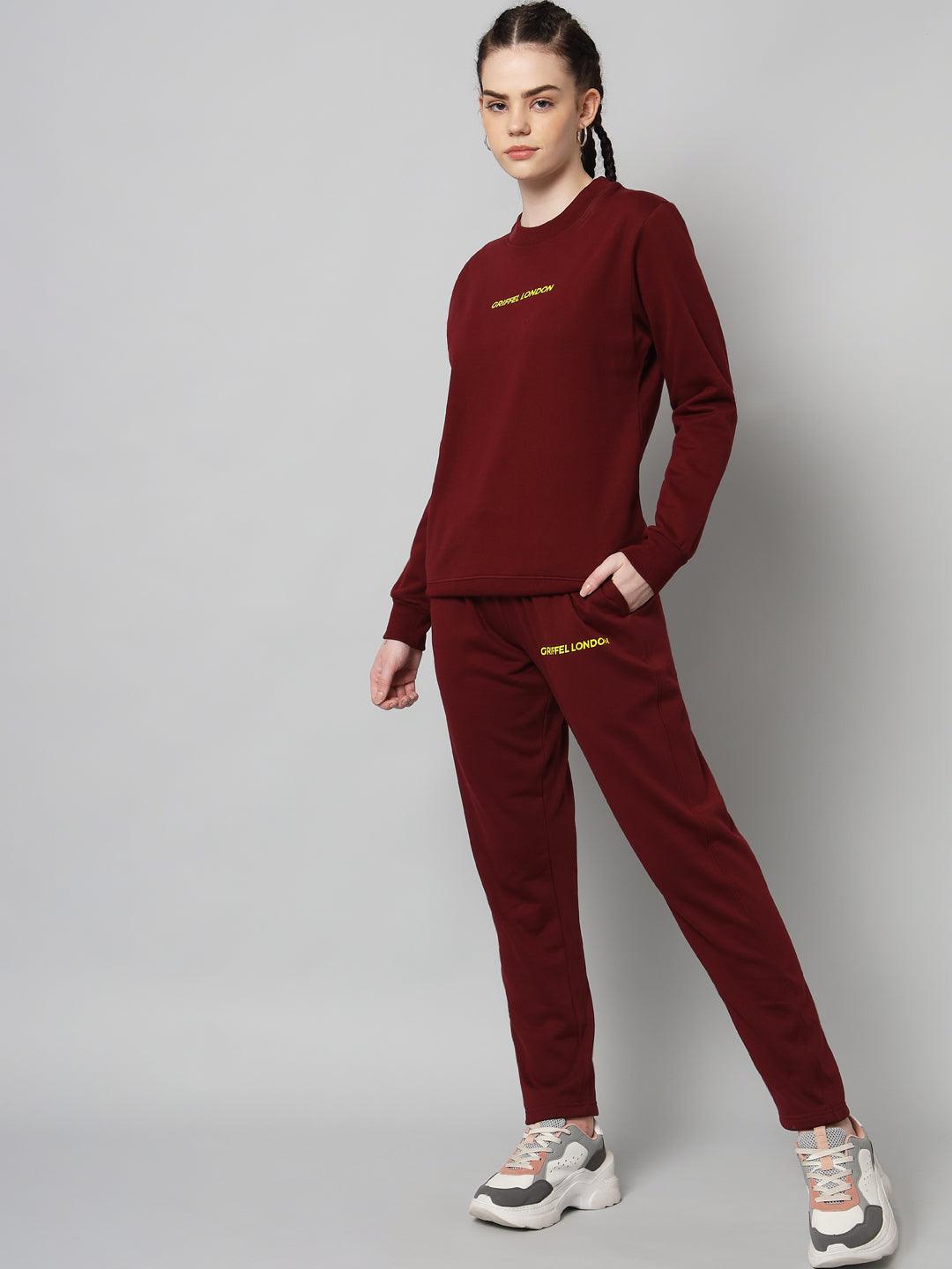 Griffel Women Solid Fleece Basic Round Neck Sweatshirt and Joggers Full set Maroon Tracksuit - griffel