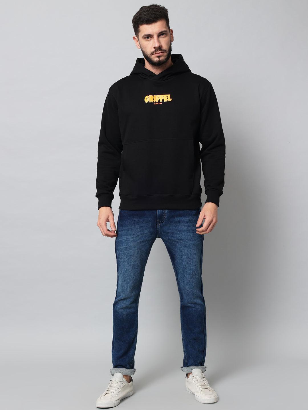 Griffel Men's Black Cotton Front Logo Fleece Hoody Sweatshirt with Full Sleeve - griffel