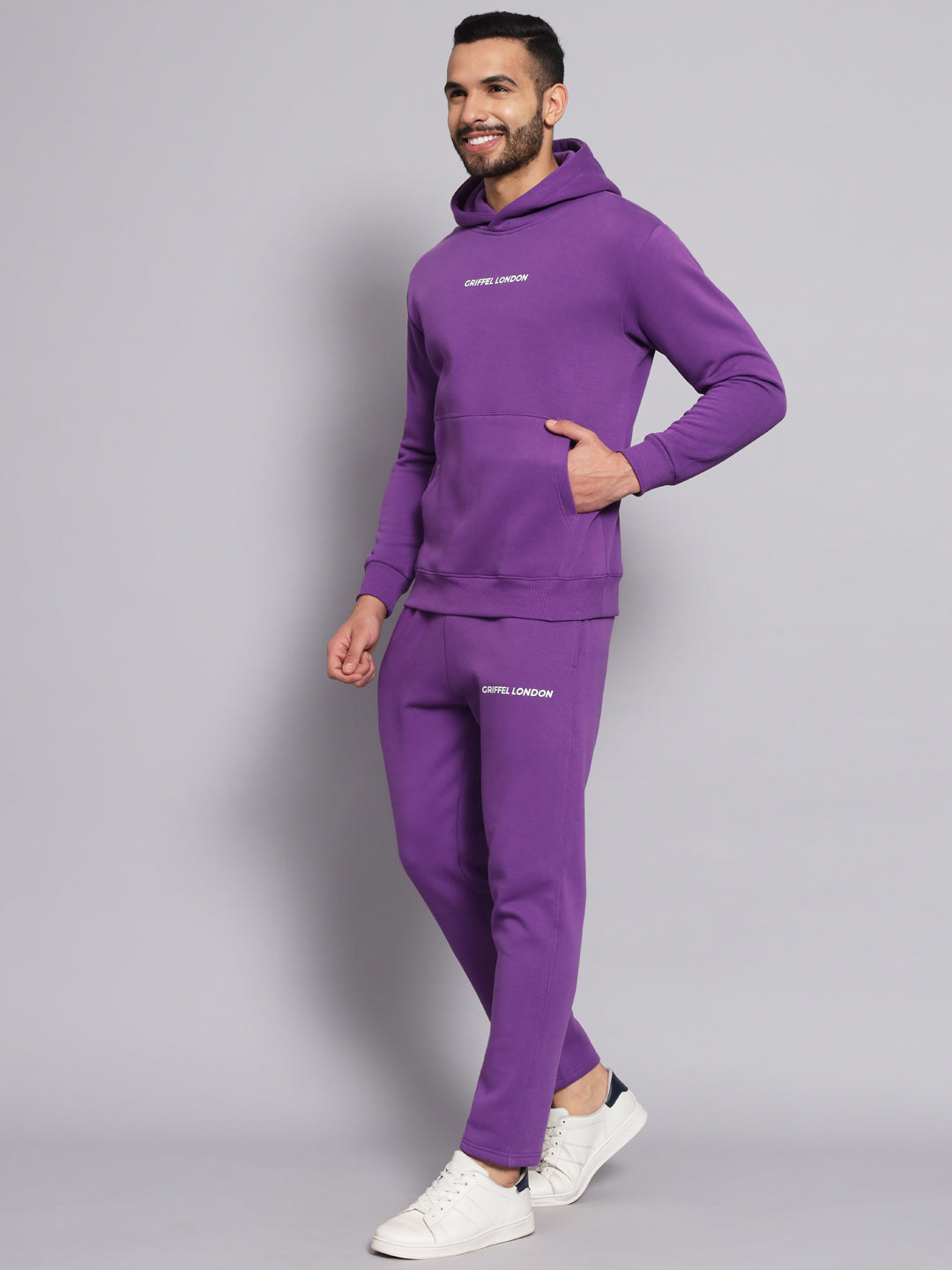 Griffel Men's Front Logo Solid Fleece Basic Hoodie and Joggers Full set Dark Purple Tracksuit - griffel