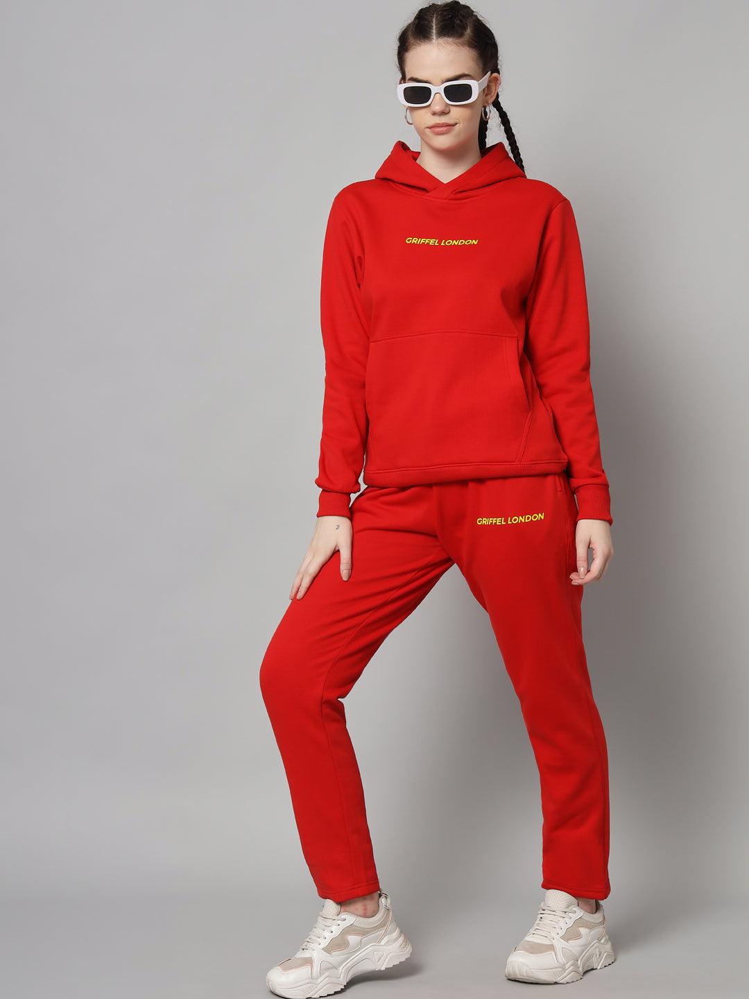 Griffel Women Solid Fleece Basic Hoodie and Joggers Full set Red Tracksuit - griffel