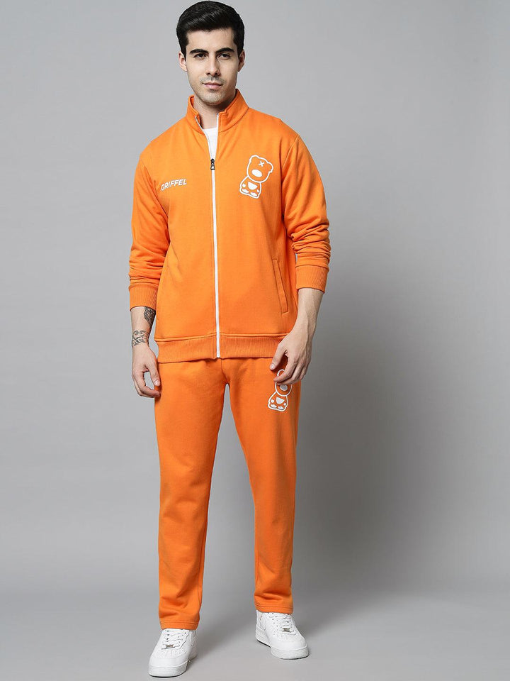 GRIFFEL Men Fleece Basic Solid Front Logo Orange Trackpants - griffel