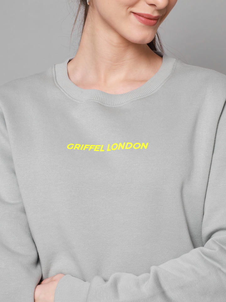 Griffel Women’s Printed Round Neck Steel Grey Cotton Fleece Full Sleeve Sweatshirt - griffel