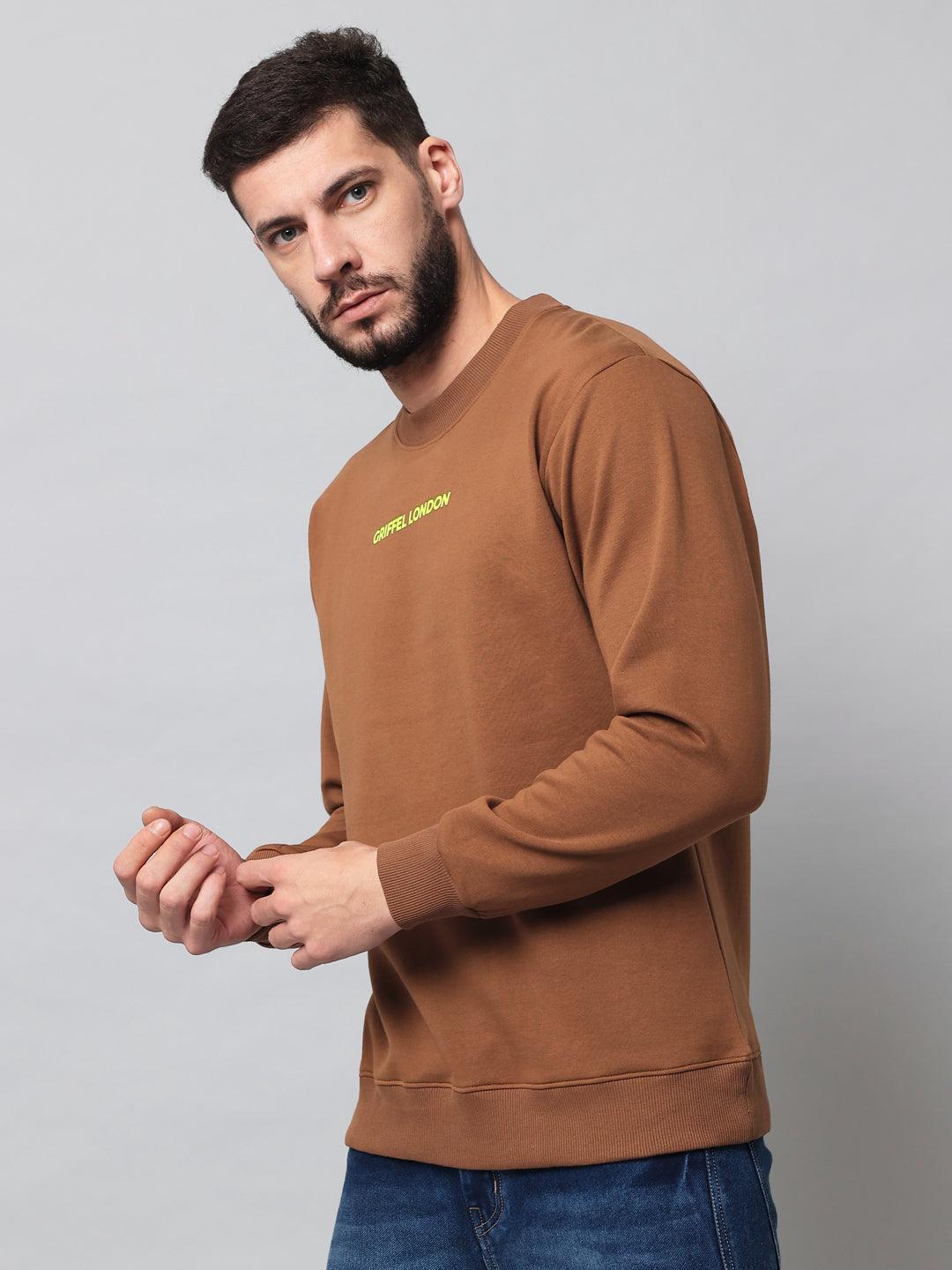 Griffel Men's Cotton Fleece Round Neck Brown Sweatshirt with Full Sleeve and Front Logo Print - griffel
