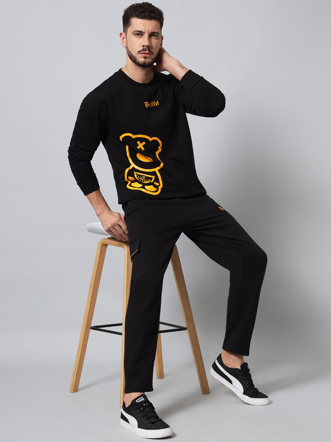 Griffel Men's Front Teddy Print Fleece Basic R-Neck Sweatshirt and Joggers Full set Mustard Black Tracksuit - griffel
