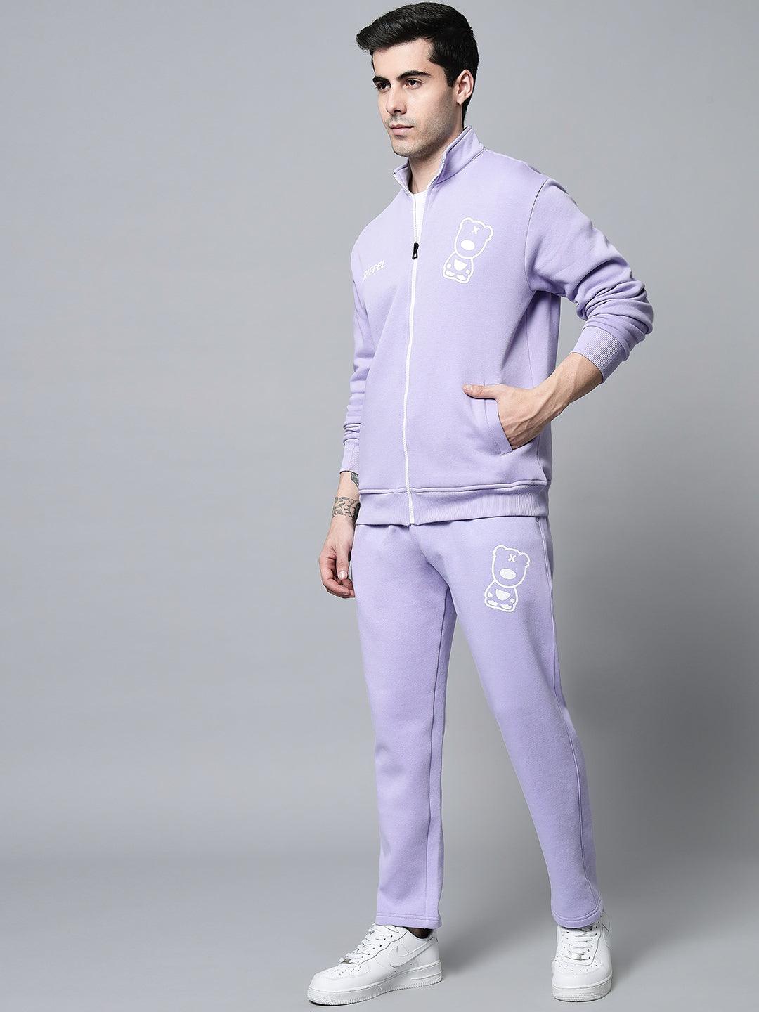 Griffel Men's Front Logo Print Fleece Zipper and Jogger Full set Mauve Tracksuit - griffel
