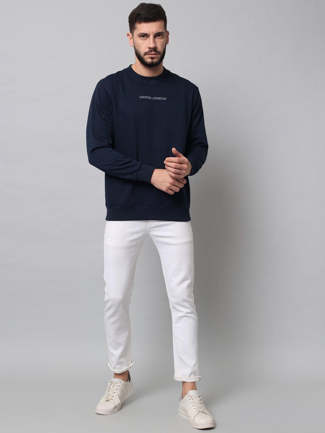 Griffel Men's Cotton Fleece Round Neck Navy Sweatshirt with Full Sleeve and Front Logo Print - griffel