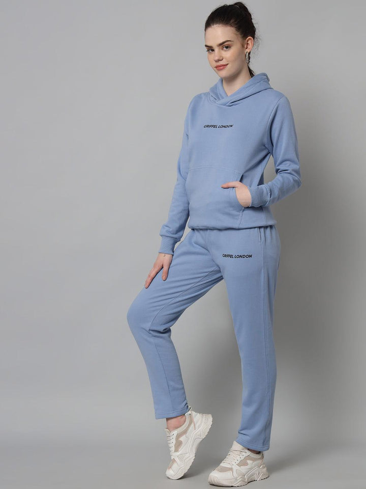 Griffel Women Solid Fleece Basic Hoodie and Joggers Full set Sky Blue Tracksuit - griffel