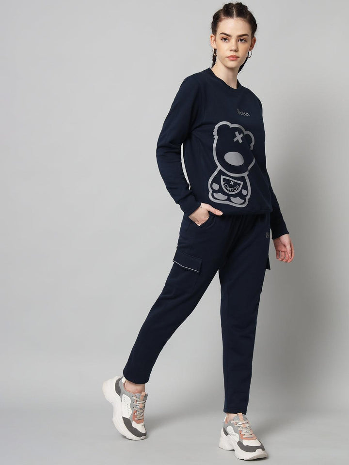 Griffel Women Teddy Print Fleece Round Neck and Joggers Full set Grey Navy Tracksuit - griffel