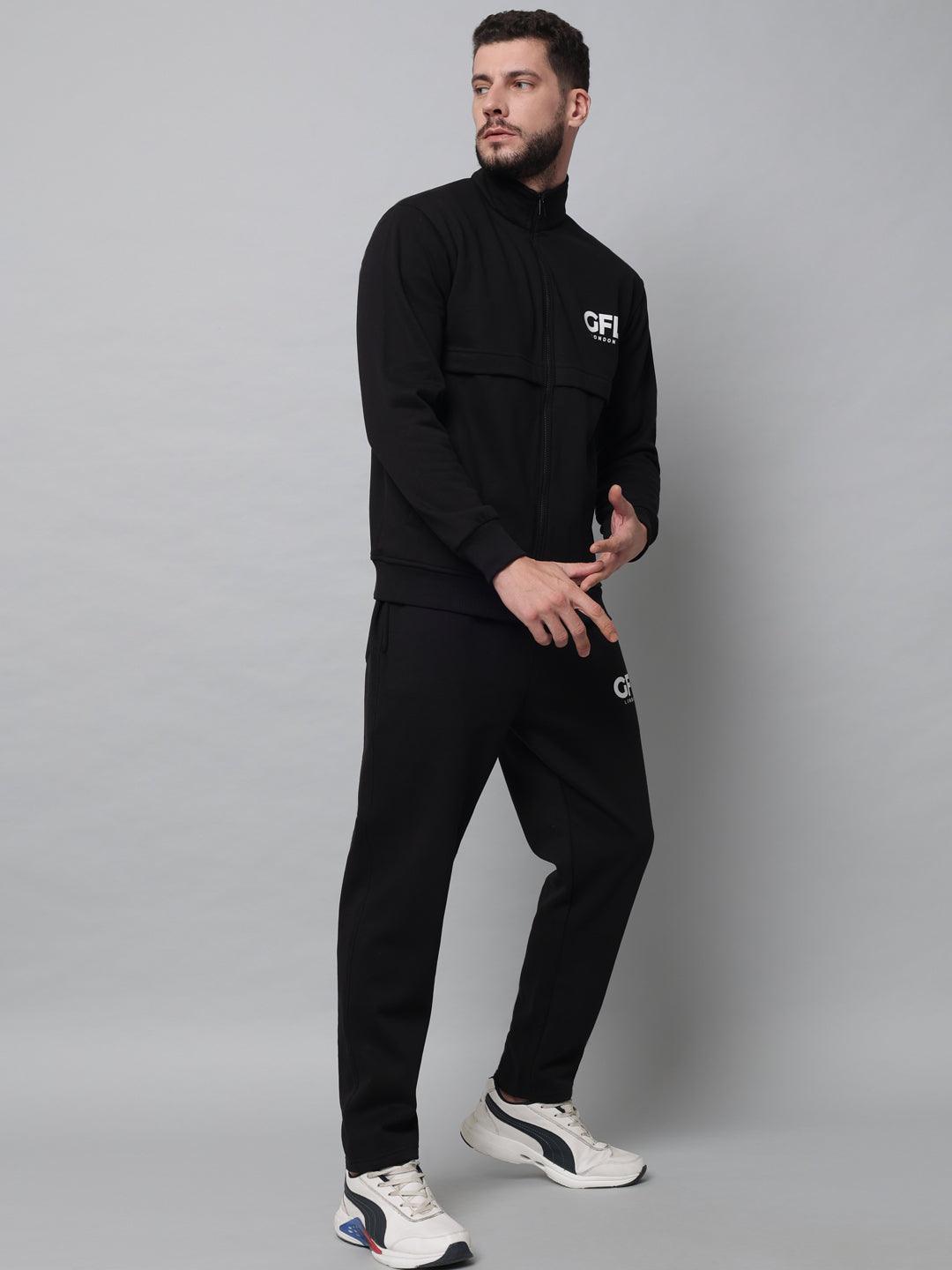 Griffel Men's Front Logo Fleece Zipper and Jogger Full set Black Tracksuit - griffel