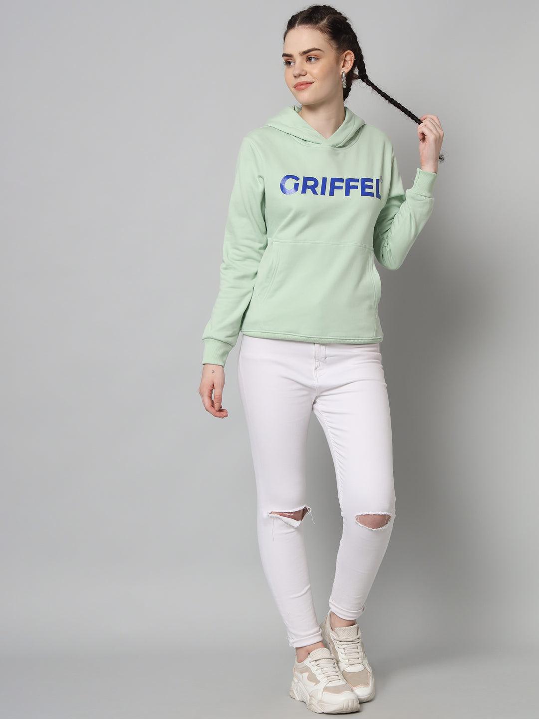 Griffel Women’s Cotton Fleece Full Sleeve Hoodie Sea Green Printed Sweatshirt - griffel