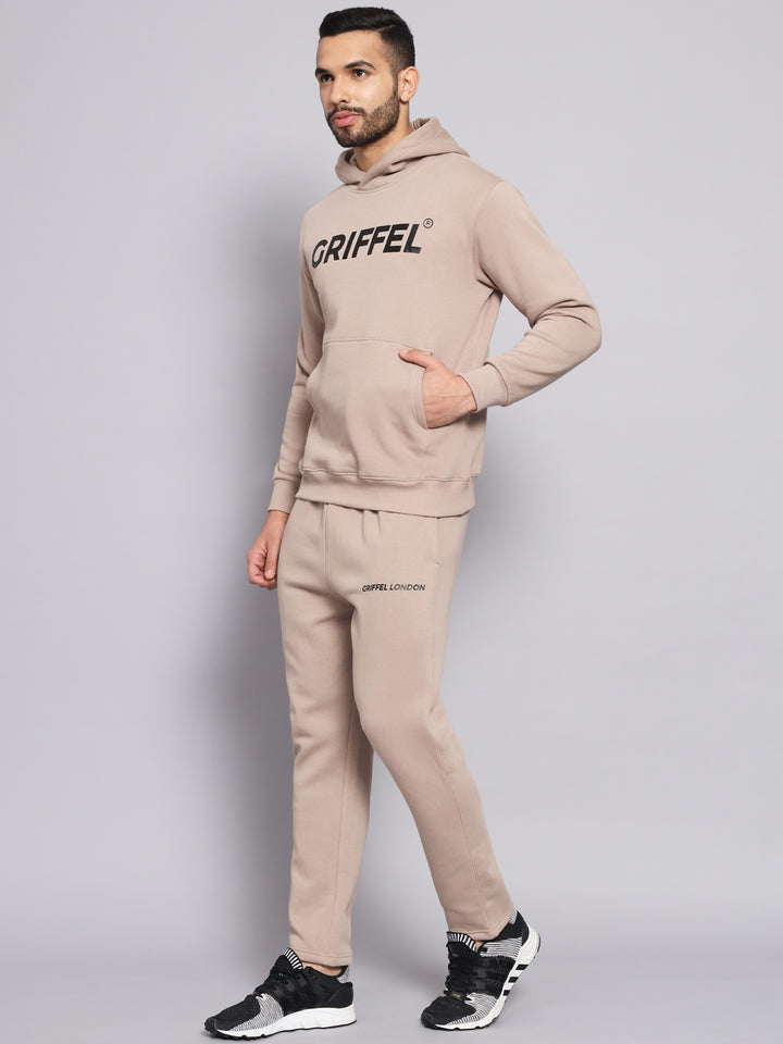 Griffel Men's Front Logo Solid Fleece Basic Hoodie and Joggers Full set Camel Tracksuit - griffel