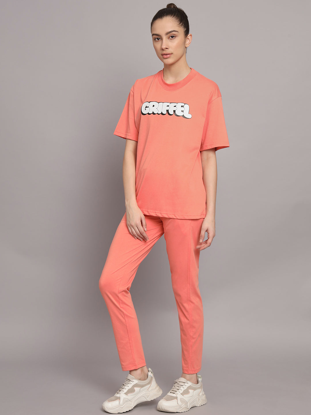 GRIFFEL Women Printed Oversized Loose fit Peach T-shirt and Trackpant Set - griffel