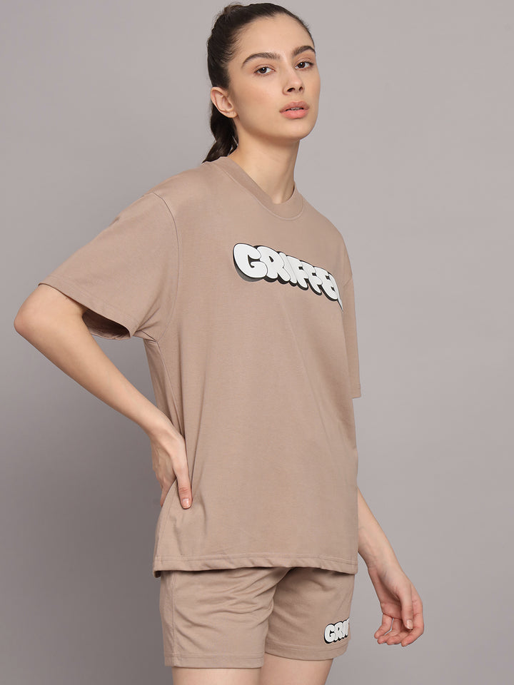 GRIFFEL Women Printed Oversized Loose fit Brown T-shirt and Short Set - griffel