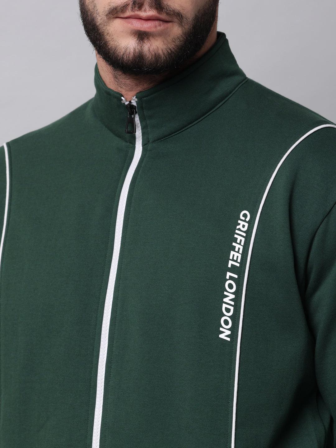 Griffel Men's Color Blocked Front Logo Fleece Zipper and Jogger Full set Bottle Green Tracksuit - griffel