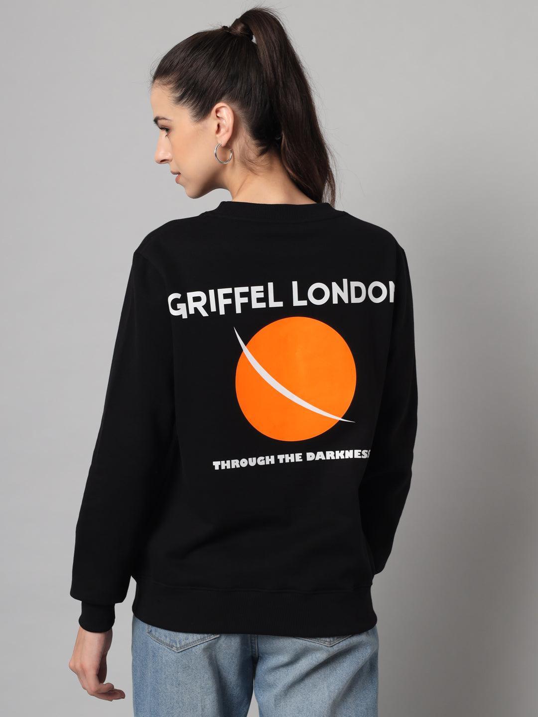 Griffel Women’s Printed Round Neck Black Cotton Fleece Full Sleeve Sweatshirt - griffel