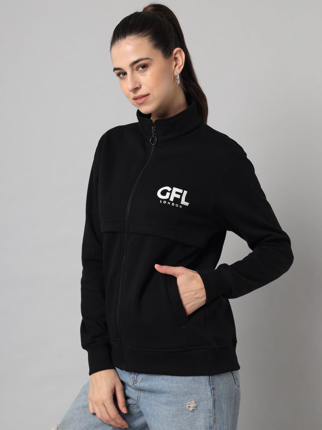 Griffel Women’s Printed Zipper Neck Black Cotton Fleece Full Sleeve Sweatshirt - griffel