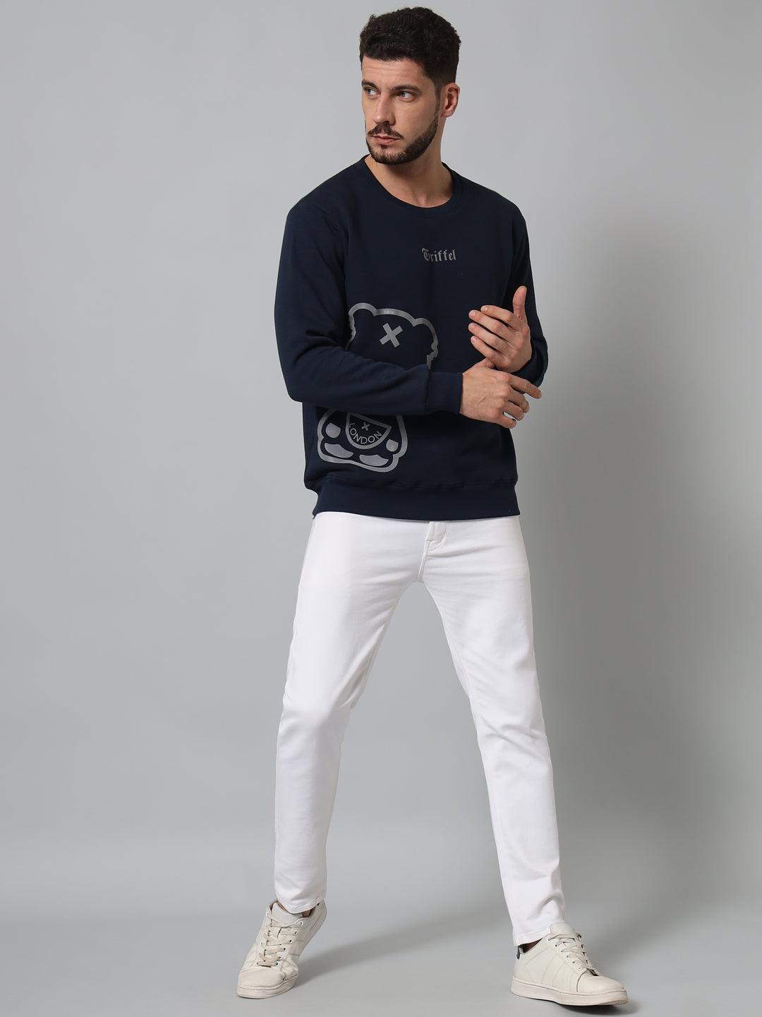 Griffel Men's Cotton Fleece Round Neck Navy Grey Sweatshirt with Full Sleeve and Teddy Logo Print - griffel