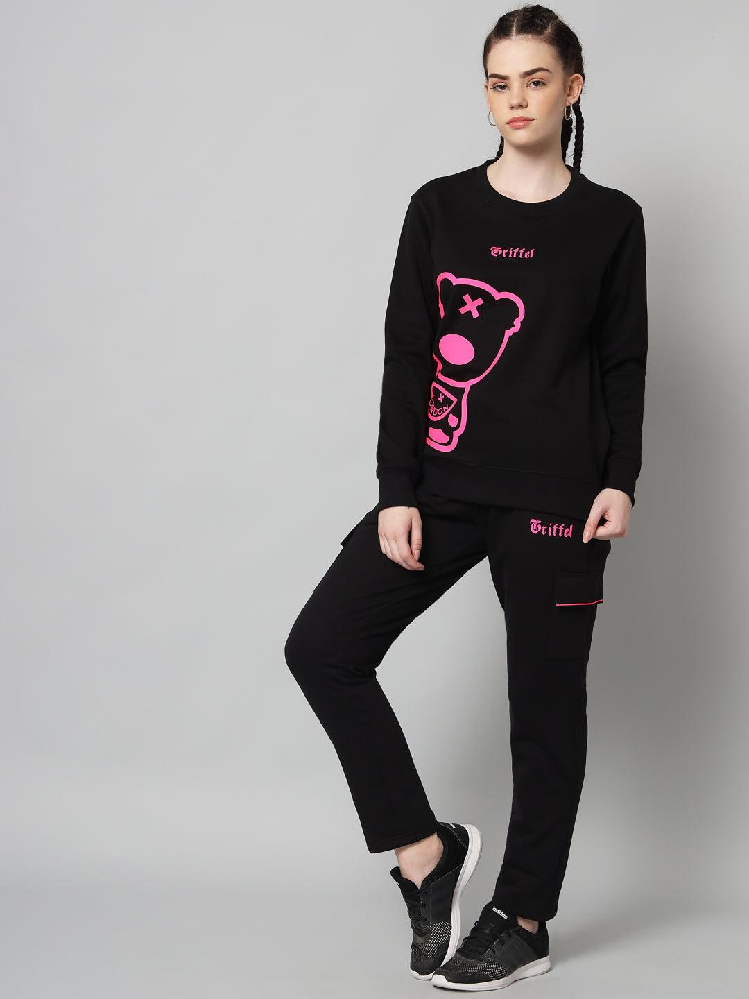 Griffel Women Teddy Print Fleece Round Neck and Joggers Full set Pink Black Tracksuit - griffel