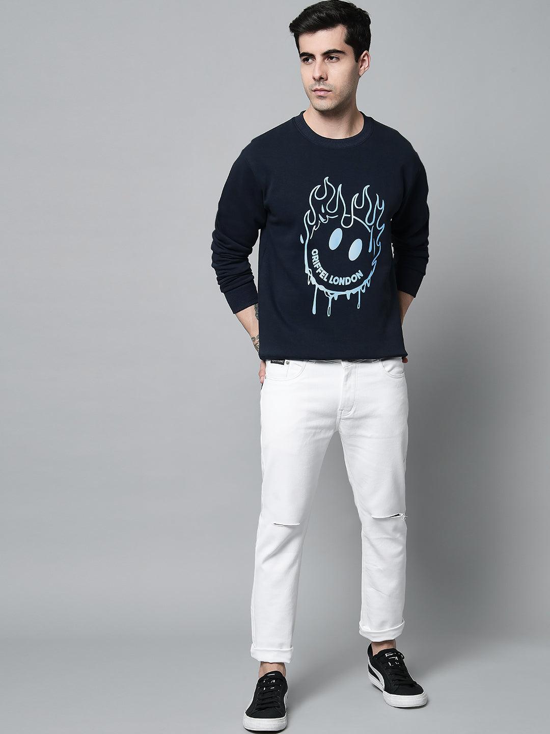 Griffel Men's Cotton Fleece Printed Sweatshirt with Long Sleeve and Front Logo Print - griffel