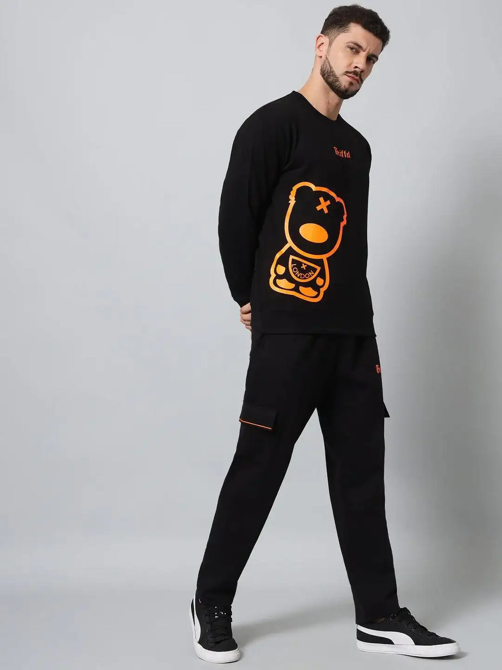 Griffel Men's Front Teddy Print Fleece Basic R-Neck Sweatshirt and Joggers Full set Orange Black Tracksuit - griffel