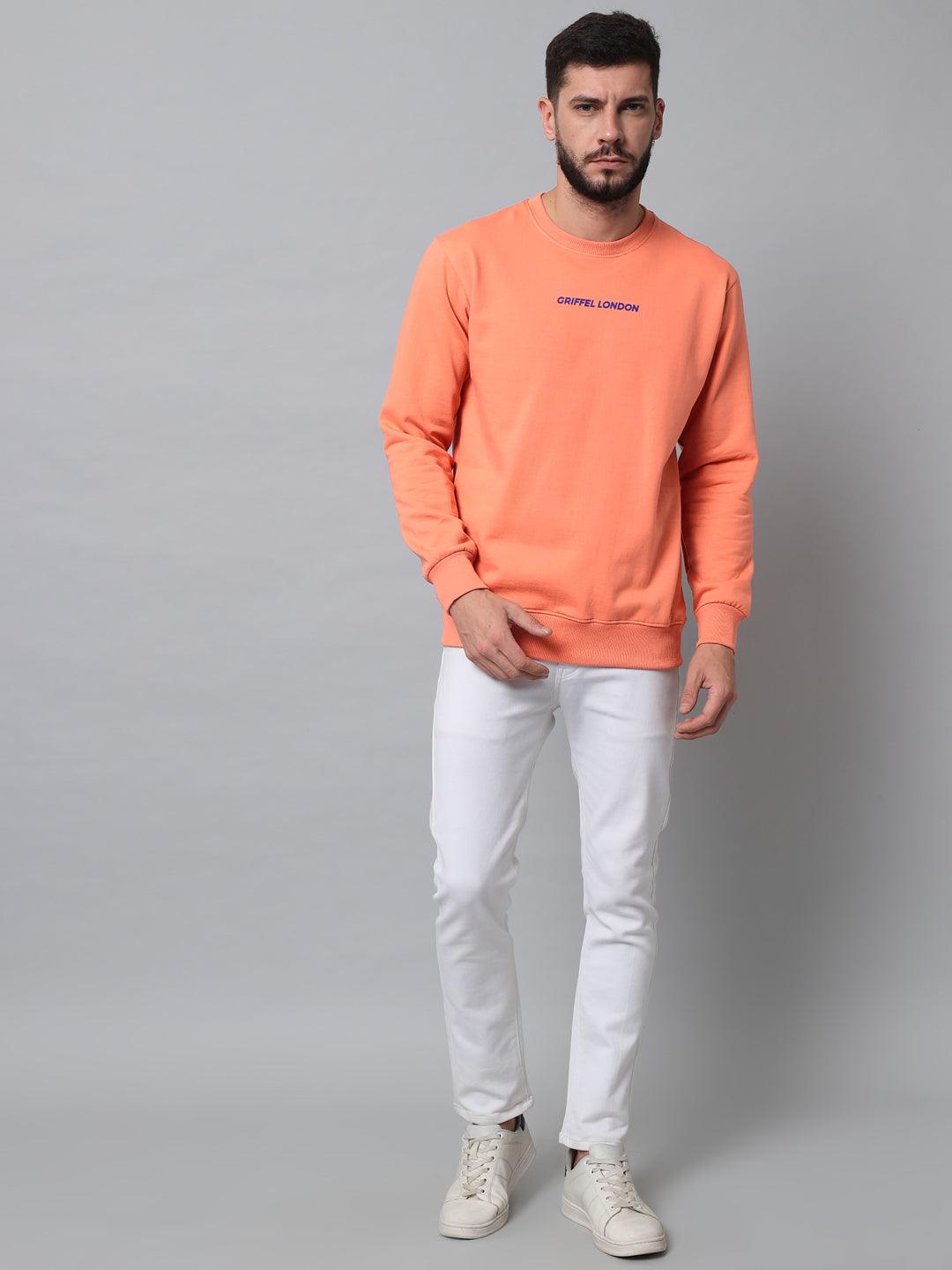 Griffel Men's Cotton Fleece Round Neck Peach Sweatshirt with Full Sleeve and Front Logo Print - griffel