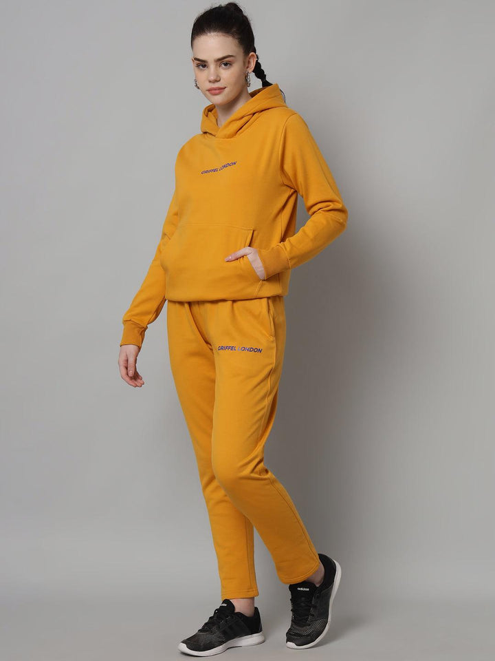 Griffel Women Solid Fleece Basic Hoodie and Joggers Full set Mustard Tracksuit - griffel