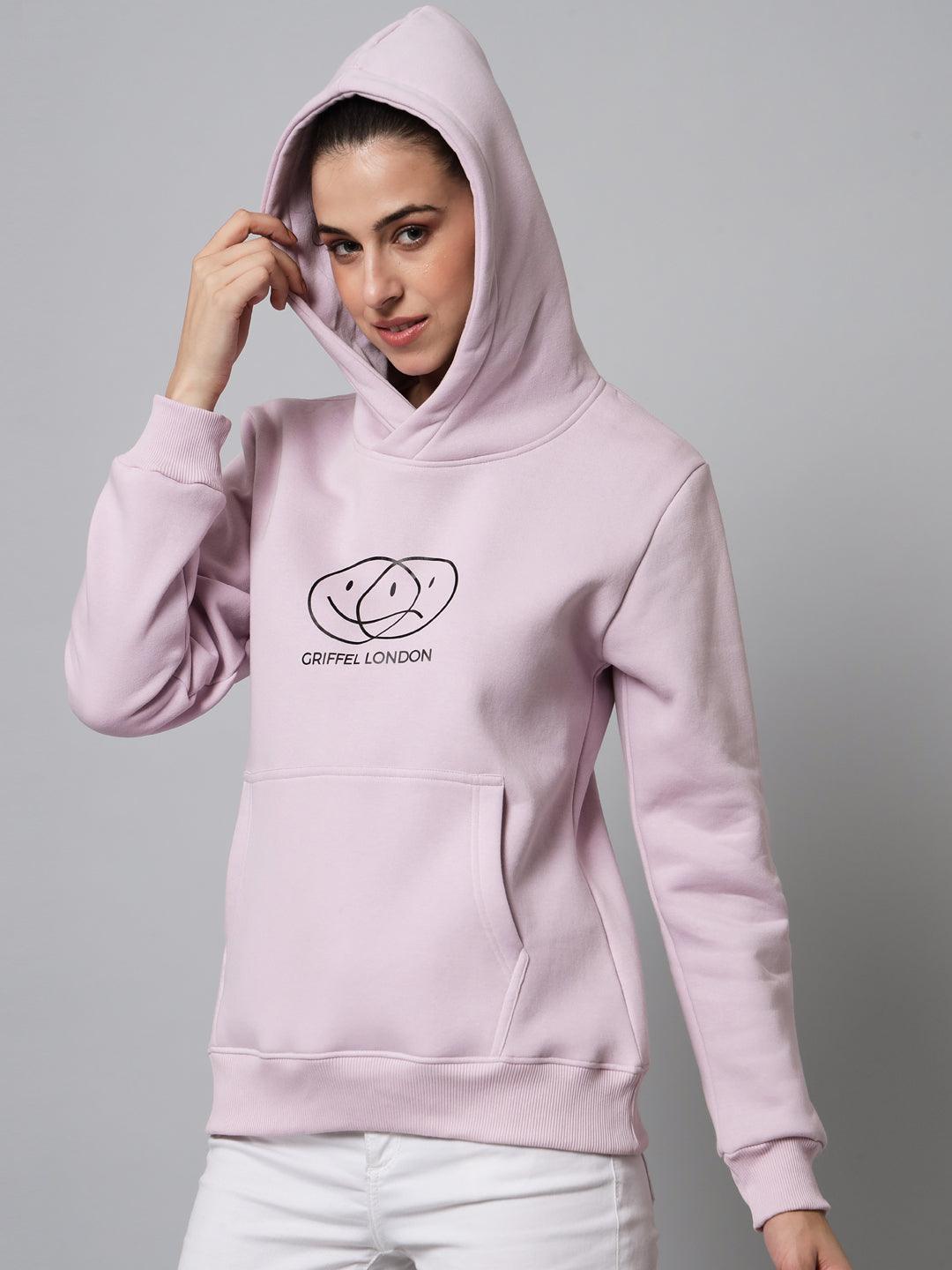 Griffel Women’s Smily Print Cotton Fleece Full Sleeve Light Purple Hoodie Sweatshirt - griffel