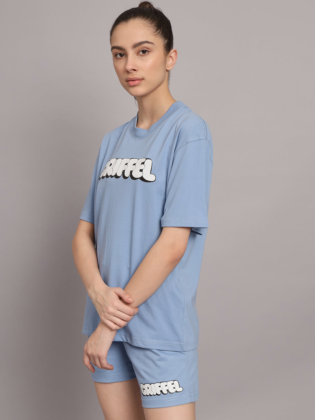GRIFFEL Women Printed Oversized Loose fit Sky Blue T-shirt and Short Set - griffel