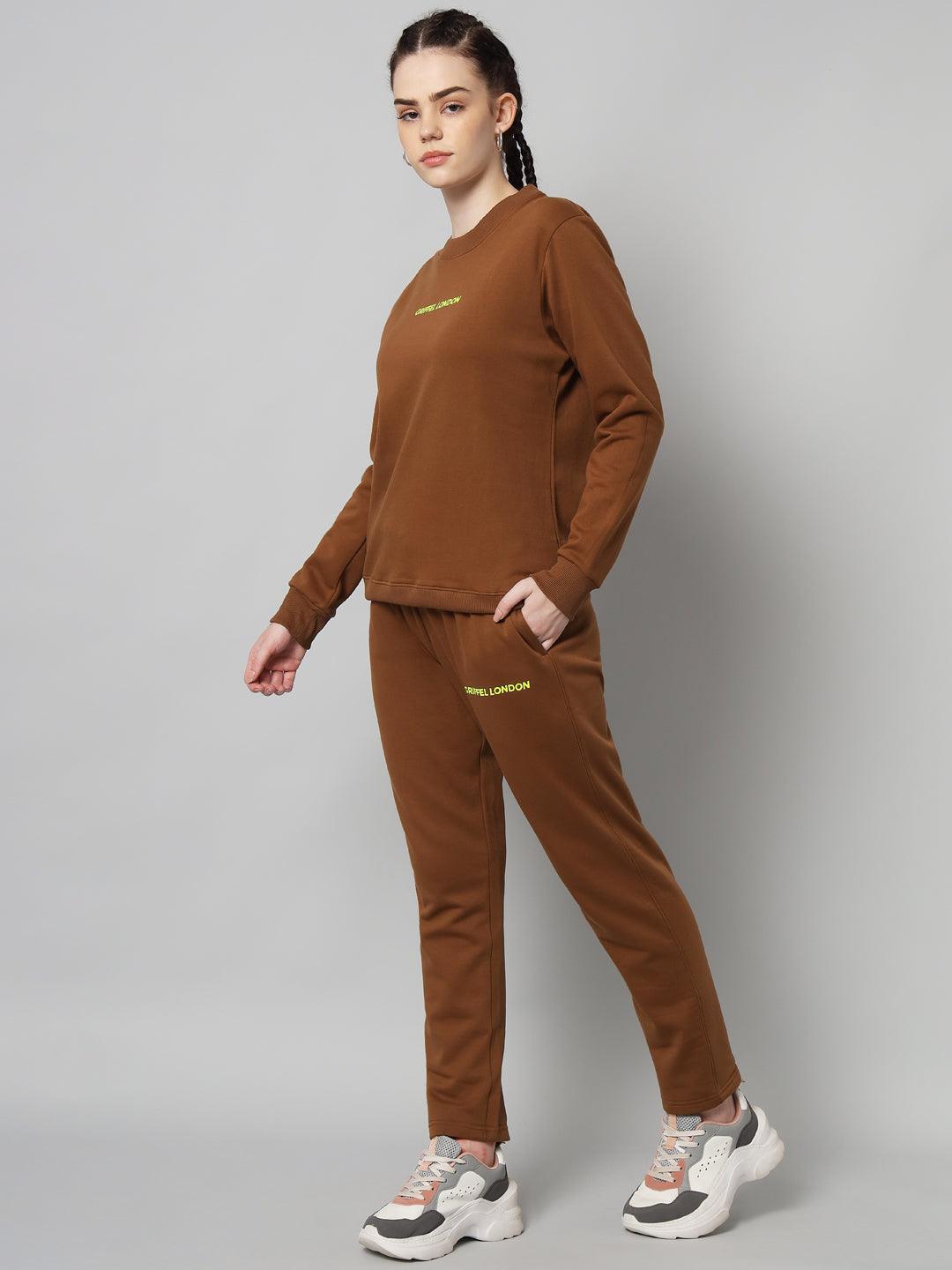 Griffel Women Solid Fleece Basic Round Neck Sweatshirt and Joggers Full set Coffee Tracksuit - griffel