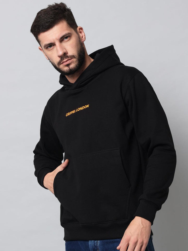 Griffel Men's Black Cotton Front Logo Fleece Hoody Sweatshirt with Full Sleeve - griffel
