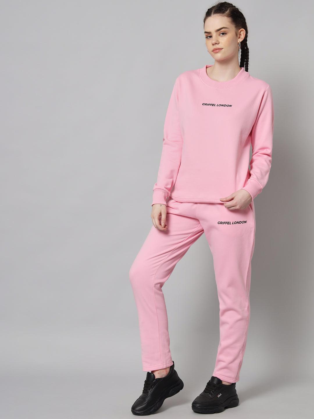 Griffel Women Solid Fleece Basic Round Neck Sweatshirt and Joggers Full set Pink Tracksuit - griffel