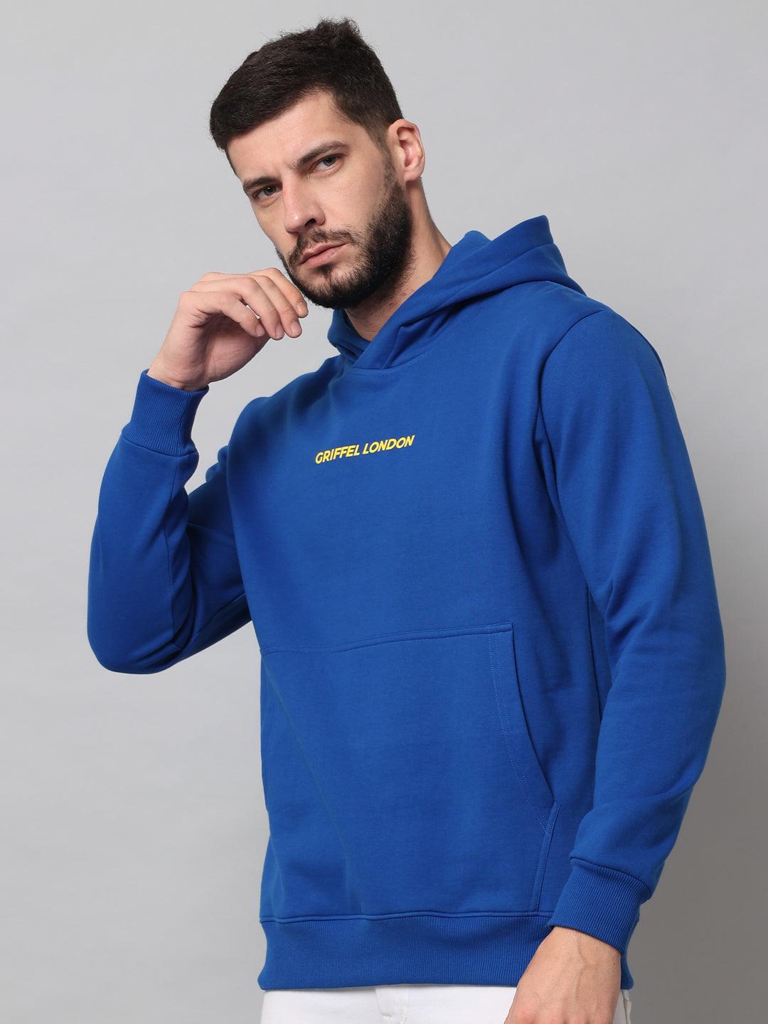 Griffel Men's Royal Cotton Front Logo Fleece Hoody Sweatshirt with Full Sleeve - griffel