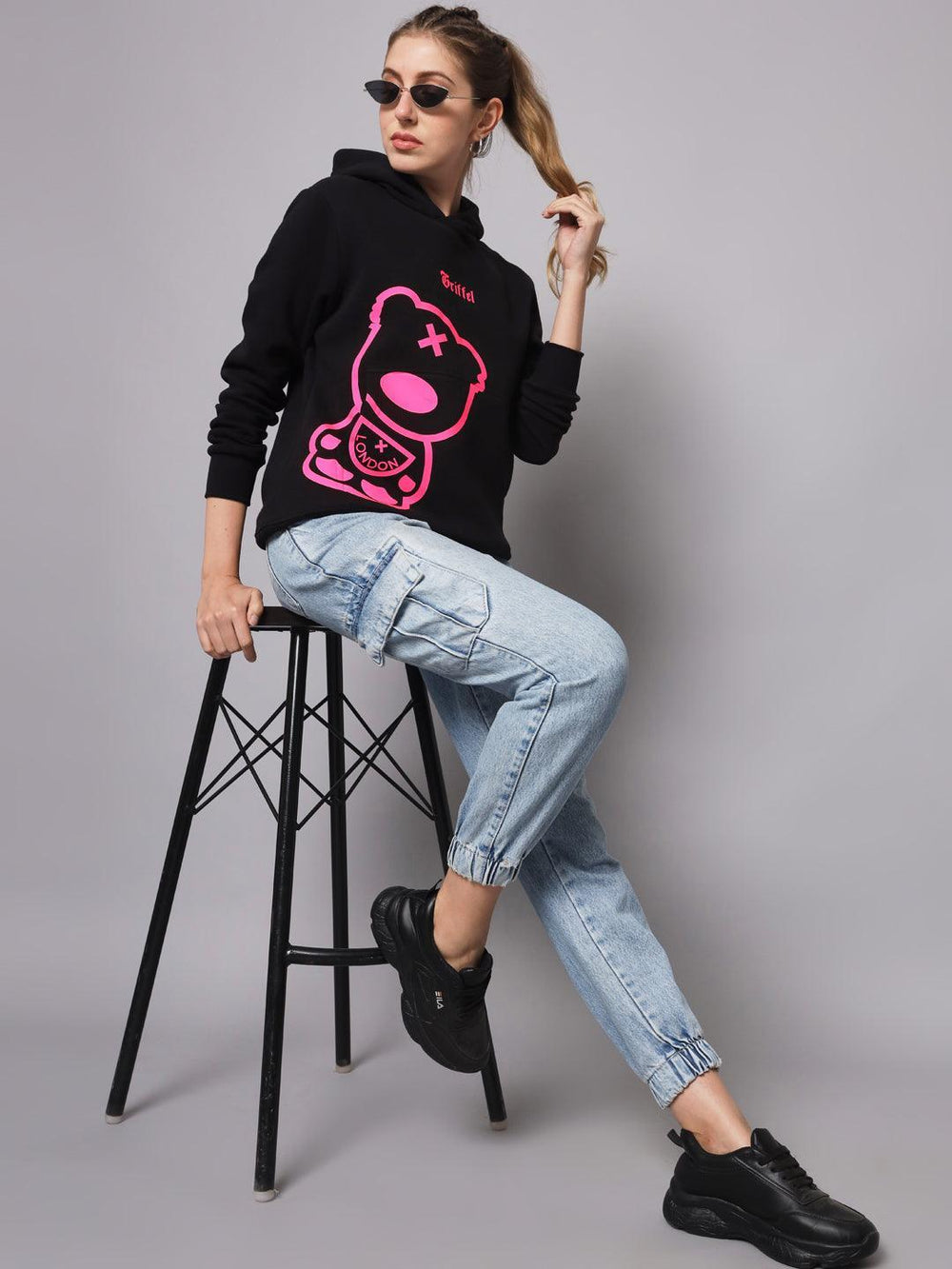 Griffel Women’s Cotton Fleece Full Sleeve Black Teddy Hoodie Sweatshirt - griffel