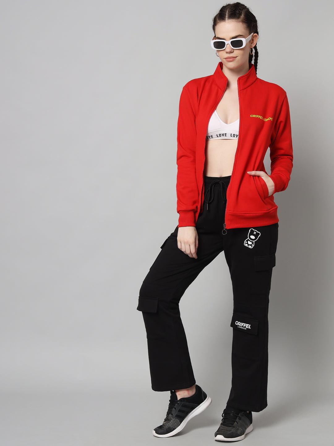 Griffel Women’s Cotton Fleece Full Sleeve Red Zipper Sweatshirt - griffel