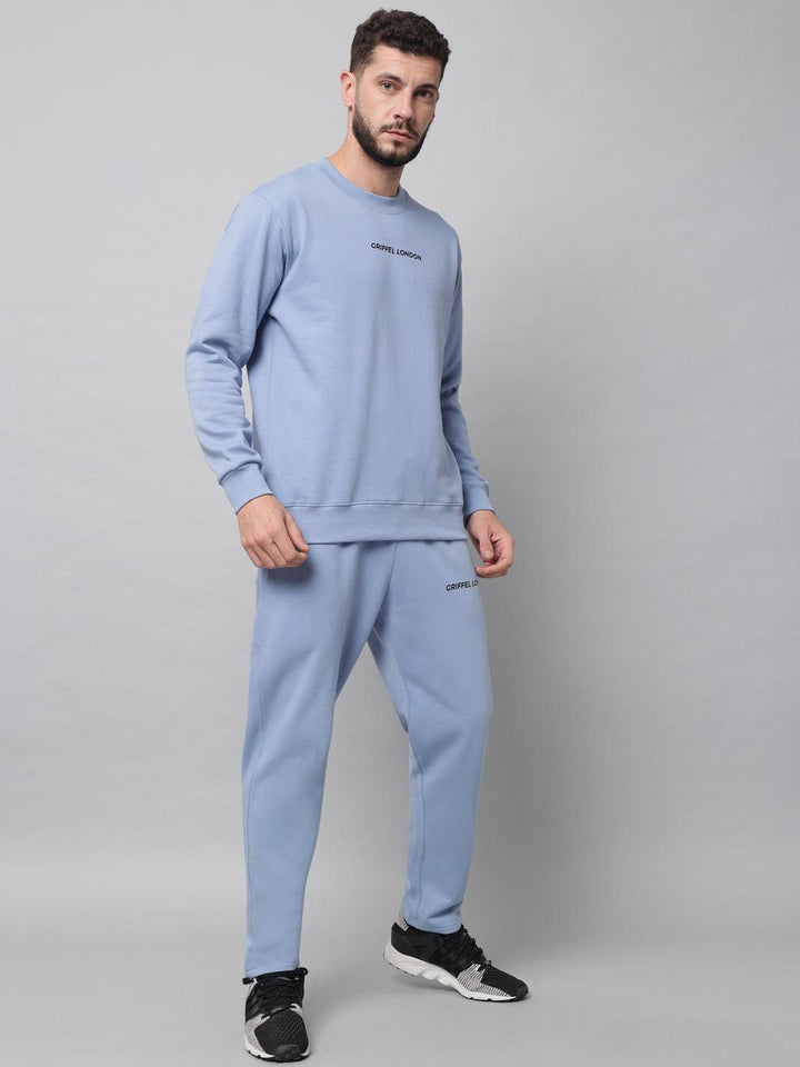 Griffel Men's Front Logo Solid Fleece Basic R-Neck Sweatshirt and Joggers Full set Sky Blue Tracksuit - griffel